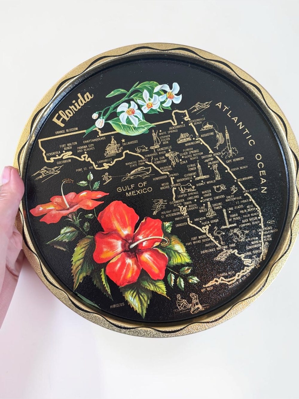 Vintage Florida Souvenir Metal Tray 11" Map Hibiscus Black Gold Retro